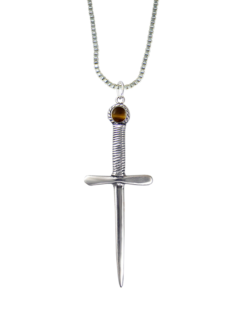 Sterling Silver Queen's Protector Knife Dagger Pendant With Tiger Eye